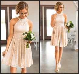 2020 Full Lace Bridesmaid Dresses Country Knee Length With Pearls Jewel Neck Zipper Back Western Maid of Honor Dresses Custom Made Plus Size