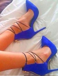 2018 point toe pumps blue pumps thin heel party shoes lady lace up high heels ankle strap sexy cross strap dress shoes