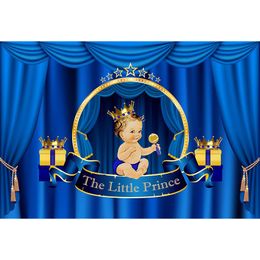 Customised Royal Prince Baby Shower Backdrop Printed Blue Curtain Gold Crowns Boy Kids Birthday Party Photo Booth Background