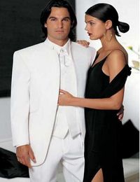 High Quality White Groom Tuxedos Groomsmen Stand Collar Best Man Blazer Mens Wedding Suits (Jacket+Pants+Vest+Tie) H:728