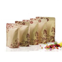 100 Pcs Stand-up Kraft Paper Food Packaging Bag with Flower Pattern Design, Pouch for Gift Food Nuts Cookie Candy Baking Tea