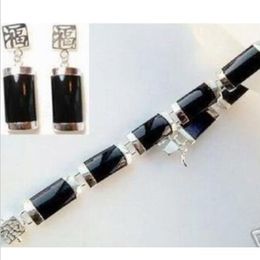 Details about Stylish Black Jade Bracelet Earring set