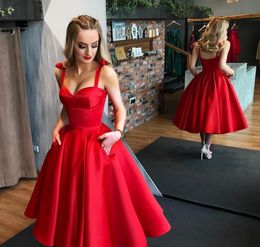 Sexy Red Soaghetti Short Cocktail Club Dresses A Line Tea Length Open Back Prom Gowns Red Carpet Celebrity Dresses Custom 63