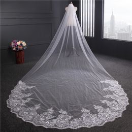 Cheap Sparkly 4M Long Cathedral Wedding Veils One Layer Lace Applique Trim Soft Tulle Real Image Sequined Bridal Veil With Comb317U