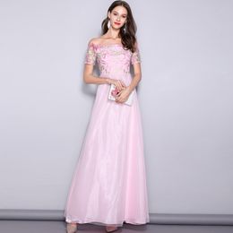 Women's Runway Designer Dresses Sexy Slash Neck Line Embroidery Bodice Patchwork Fashion Prom Long Party Dresses