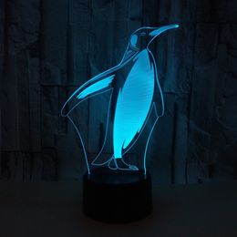 Cute Penguins 3D LED Illusion Night Light Desk Table Lamp 7 Color Changing #R54