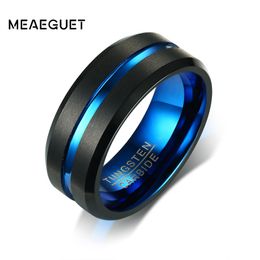 whole saleMeaeguet Black Tungsten Carbide Ring For Men Women Matte Finished Wedding Bands Blue Carbon Fiber Groove Rings Jewelry
