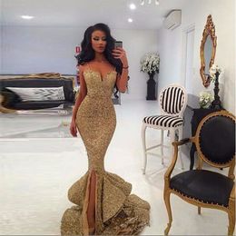 Sexy Gold Mermaid Evening Dresses Spaghetti Straps Sequins Floor Length Pageant Prom Dresses Formal Gowns Front Split Zipper Up