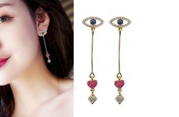 new hot Korean girl eyes and ears nail lovely full diamond red heart earrings long love tassel earrings fashionable classic delicate