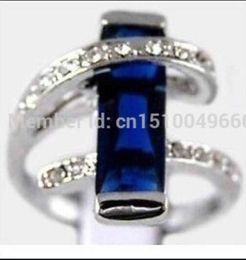 FREE SHIPPING >>Beautiful silver plate blue crystal ring 7 8 9#