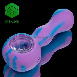 Silicon Hand Pipe L=105mm With Glass Bowl Inside Mixed Coloured Portable Tobacco Mini Pipe Silicon Dab Oil Rig