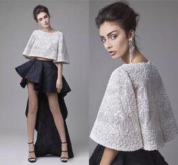 Fashion Krikor Jabotian Lace Prom Black White Two Piece Evening Party Dresses Short Mini Asymmetrical Skirt High Low Tail Dress