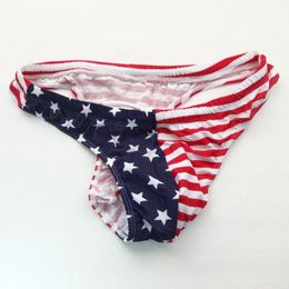 Mens T-back Thongs Swim Underwear G8404 USA Flag Star Stripes Contoured pouch Blue Red Printed nylon spandex