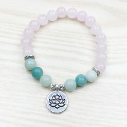 SN1031 Trendy Lotus Women`s Bracelet Nature Stone Jewelry Aquamarine Bracelet Top Quality Rose Quartz Yoga Jewelry Healing Bracelet