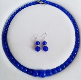 Fashion 6-14mm Round Blue Jade Gemstone Necklaces 18" Earrings Set