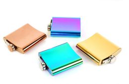 Portable 6oz Hip Flask Gold Plated Gradient Color Rainbow Colored Stainless Steel Flask Screw Cap Whiskey Wine Bottle