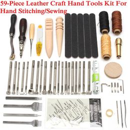 59PCS/lot Leather Craft Hand Tools Kit Thread Awl Waxed Thimble Kit For Hand Stitching Sewing Stamping DIY Tool Set