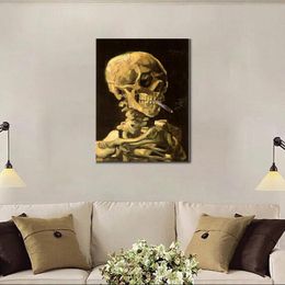 Famous Vincent Van Gogh Oil Paintings Reproduction Hand Painted Skull with Burning Cigarette Canvas Art