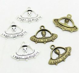 100Pcs alloy I Want To Believe Words Alien UFO Antique silver bronze Charms Pendant For necklace Jewelry Making findings 30x22mm