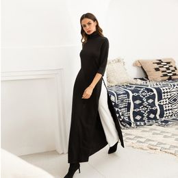 2021 Women's black dress women autumn elegant knitted stretch dresses plus size M-to 2XL Split skirt