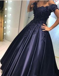 Navy Blue Off Shoulder A-line Evening Dresses Lace Appliqued Sequins Evening Gowns Elegant Custom Made Long Special Occasion Dress