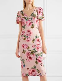 Flower Print Women Sheath Dress V-neck Short Sleeve Casual Dresses 03k583