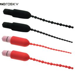 Zerosky 7 Frequency Beads Vibrating Urethral Sound Silicone Penis Plug Sounding Male Chastity Device Sex Products For Men Y18102606