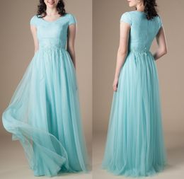 Mint Lace Tulle Long Modest Bridesmaid Dresses With Cap Sleeves V Neck Rustic Wedding Party Dresses LDS Miads of Honour Dress Custom