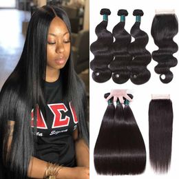 Best Quality Cuticle Aligned Hair Bundles With Lace Closure Brazilian Virgin Human Hair Weave Extension 10A Straight Body Wave Natural Black