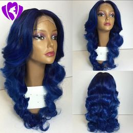 New style dark roots ombre blue Synthetic Lace Front Wigs Natural Hair body wave wig For Women