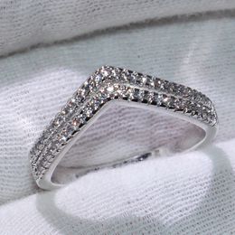 Double V Style Cute Luxury Jewelry 925 Sterling Silver Pave White Sapphire CZ Diamond Party New Female Wedding Band Ring For Lovers' Gift