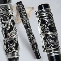 NOBLE JINHAO ANTIQUE SILVER AND BLACK DRAGON AND PHOENIX 18KGP FINE NIB FOUNTAIN PEN BUSINESS OFFICE BEST GIFT