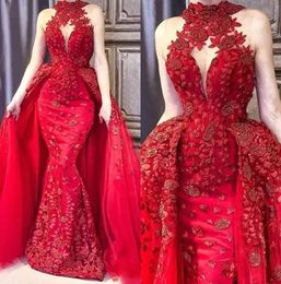 Glamorous Red Detachable Train Evening Dresses High Neck Appliques Beaded Red Carpet Dress Saudi Arabic DuBai Celebrity Prom Gown
