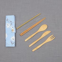 Japanese Portable Cutlery Set Bamboo Straw Brush Tableware Set With Cloth Bag Outdoor Travel Dinnerware QW8374