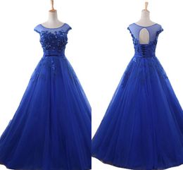 3D Flowers Lace A-line Prom Dresses Cheap Empire Waist Scoop Short Sleeve Beaded Ribbon Bow Evening Party Dress Formal Gowns Real Image