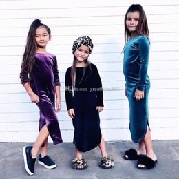 Baby Gold velvet dress INS girls Long sleeves Split ends Princess dresses 2018 fashion Kids Clothing Boutique girls clothes C3450