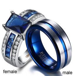 SZ6-12 (два кольца) пару колец, его HERS Мужское титановое стальное кольцо CZ Blue Zircon 18k Platinum женские кольца свадебные украшения
