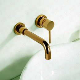 ROLYA Solid Brass Construction Golden Single Side Lever Bathroom Faucet Mixer Taps Wall Mounted Basin Set