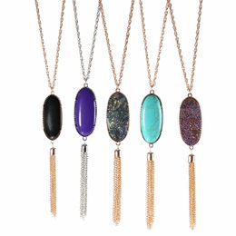 Bohemian Style Women Natural Stone Pendant Necklace with Long Chain Tassel