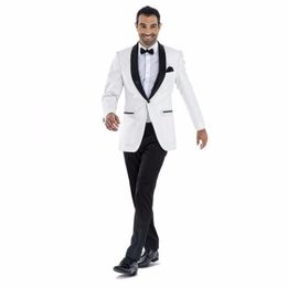 Best Popular Shawl Lapel One Button White Groom Tuxedos Groomsmen Men Formal Suits Business Prom Suit Customize(Jacket+Pants+Bows Tie)NO:65
