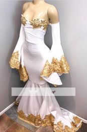 New White Prom Dresses Long Sleeves Off Shoulder Mermaid Party Dress Gold Applique Party Gowns