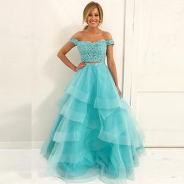 2019 Stunning Two Pieces Prom Dresses Turquoise Beads Sequins Lace Appliques Crop Top Ruffles Floor Length Evening Party Gowns Custom Made