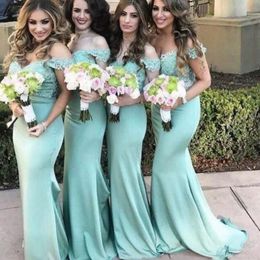 Summer Baby Blue Bridesmaid Dresses Off the Shoulder Lace Appliqued Mermaid Maid Of Honour Gowns Elegant Satin Beach Wedding Guest Dresses