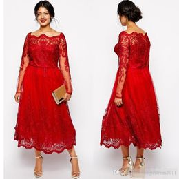 New Stunning Red Plus Size Evening Dresses Sleeves Square Neckline Lace Appliqued A-Line Prom Gowns Tulle Tea-Length Formal Dress275B