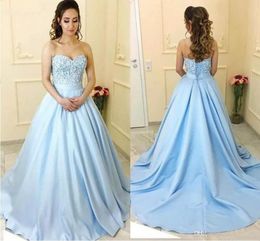 Flowers Evening Dresses With Pearls Corset A-line Sweetheart Long Satin Formal Gowns Women Sky Blue Party Dress