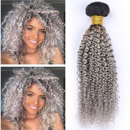 Kinky Curly Peruvian Grey Ombre Human Hair Weave Bundles 4Pcs Black and Silver Grey Ombre Virgin Human Hair Weft Extensions Tangle Free