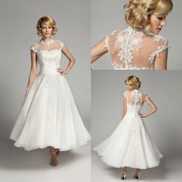 Vintage High Neck A-Line Wedding Dresses Ankle Length Applique Lace Beaded Short Bridal Gowns Custom Made Wedding Dresses DH4151
