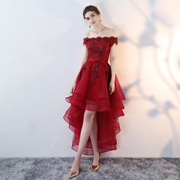 2019 High Low Prom Dresses Red Tulle Off the Shoulder Beaded Lace Appliques Tiered Hi Lo Evening Party Gowns Formal Wear Corset Back