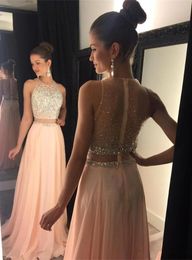 New Two Pieces Prom Dresses Jewel Neck Yellow Peach Chiffon Long Crystal Beads Open Back Party Dresses A-Line Evening Gowns HY1025204Y