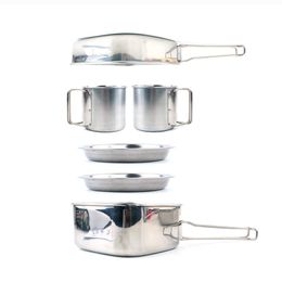 Outdoor Picnic Pot Pan Kit Stainless Steel Tableware Plate Bowl Cup Pan Cover for Camping Cooking